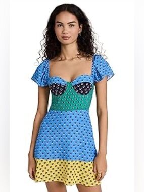 STAUD Gisele Blue, Green & Yellow Floral-Print Mini Dress